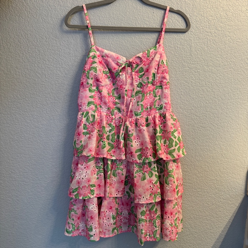 Floral Pink and Green Tiered Dress